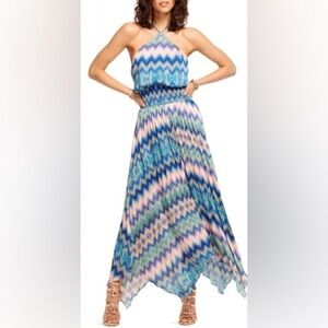 Ramy Brook Giana Handkerchief Hem Midi Dress in Spring Navy Chevron Print XS NWT